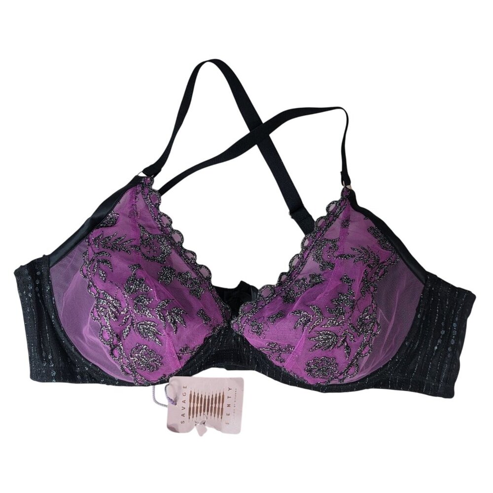 Savage X Fenty Gilded Chains Underwire Bra Purple Black 42DD Sparkle Pad NWT